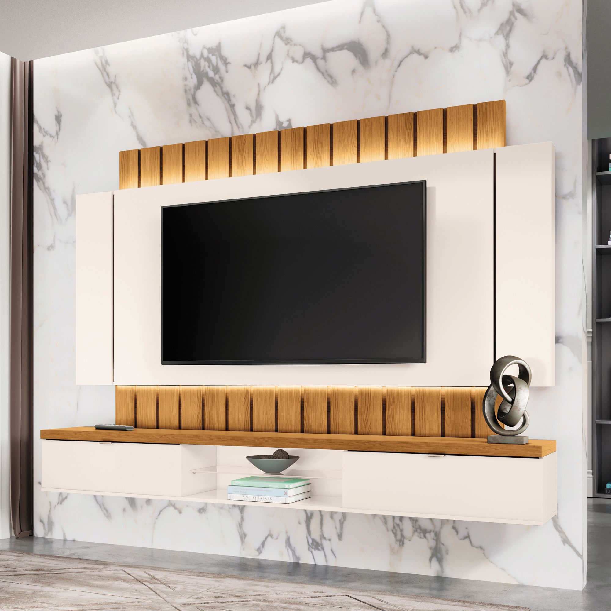 Illusion TV Wall Unit with LED Lights White Room Scene