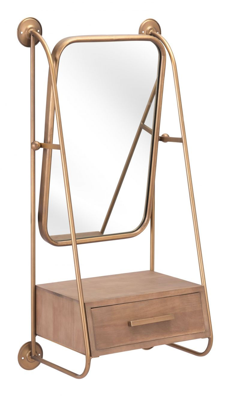 Miniatura: Peralta Wall Mirror Shelf in Brass & Brown Angle View 2