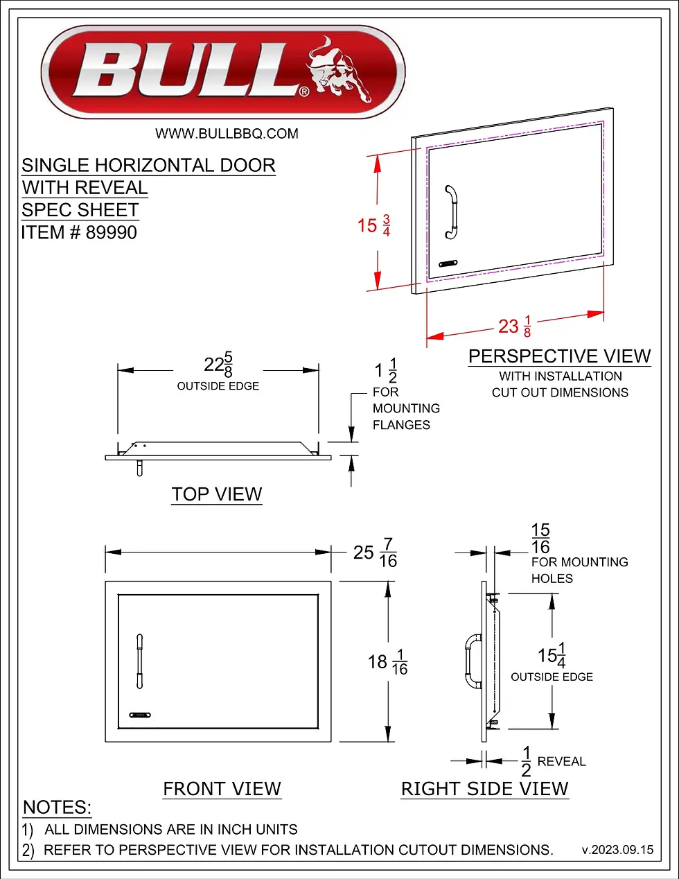 Miniatura: Bull BBQ Stainless Steel Horizontal Door with Reveal Spec Sheet
