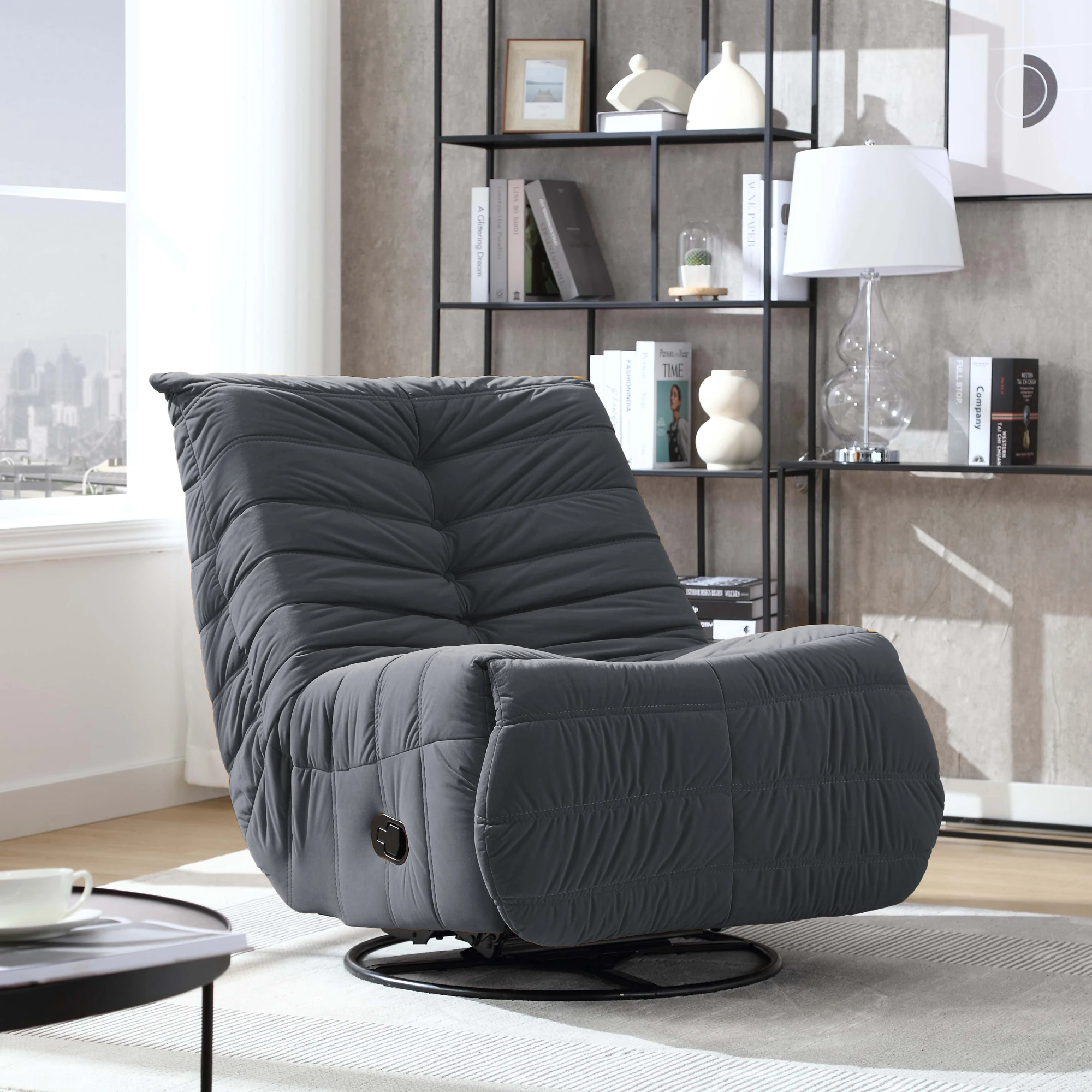 Modo Rocker Reclining Swivel Chair in Velvet Grey Room Scene