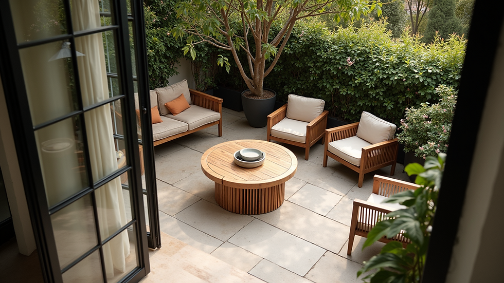 High angle view of a stylish outdoor patio with comfortable seating