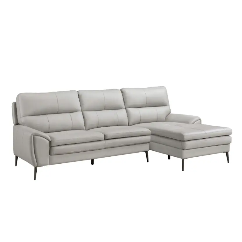 Essex Leather Sectional with Chaise in Light Gray Angle View Silo
