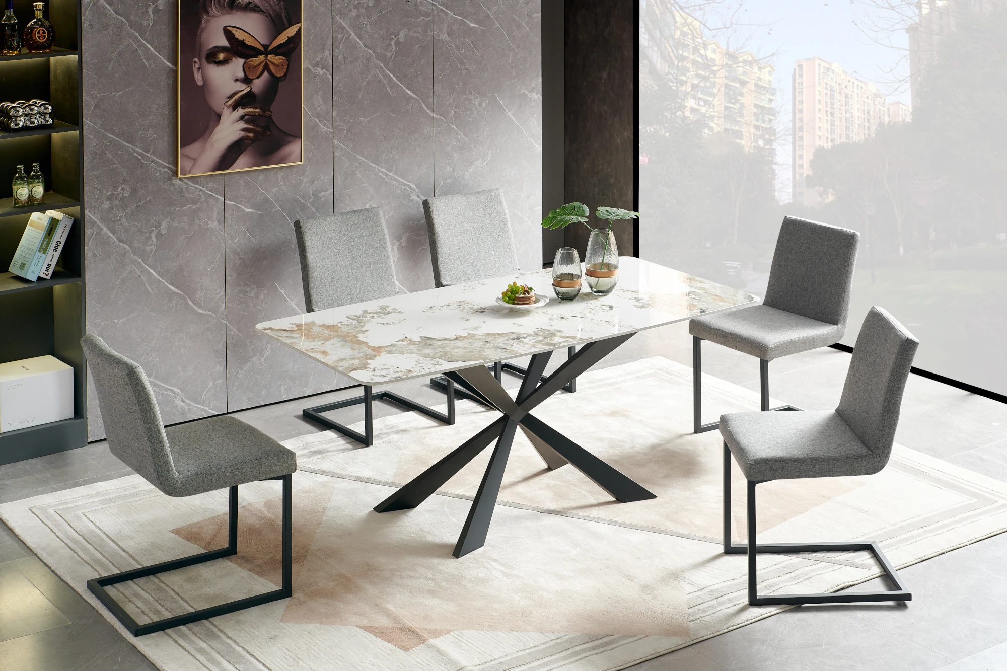 Encore Modern Dining Room Set in Grey and Faux Stone 5 Pieces Room Scene