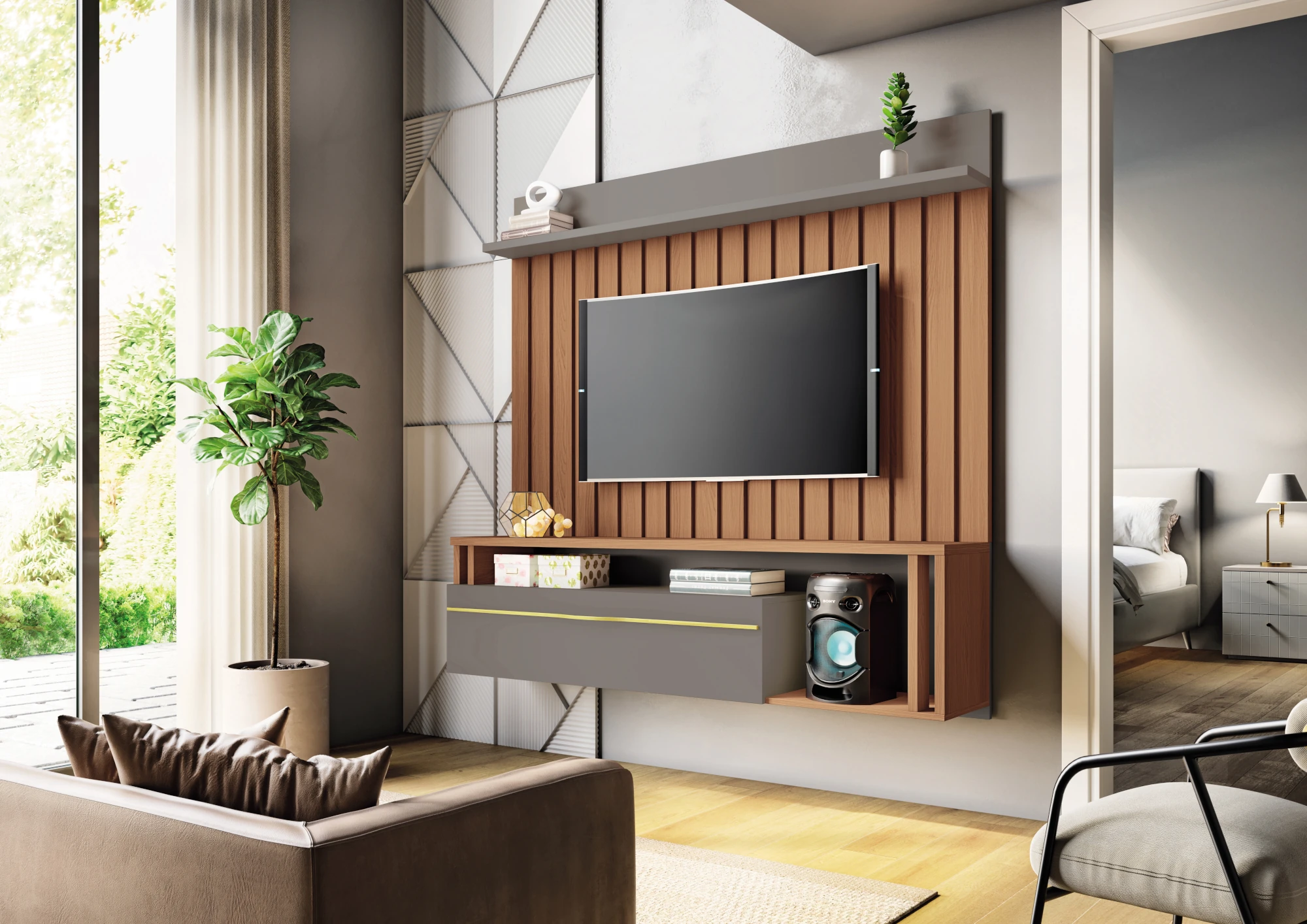 Self Modern Floating TV Cabinet Natural Room Scene