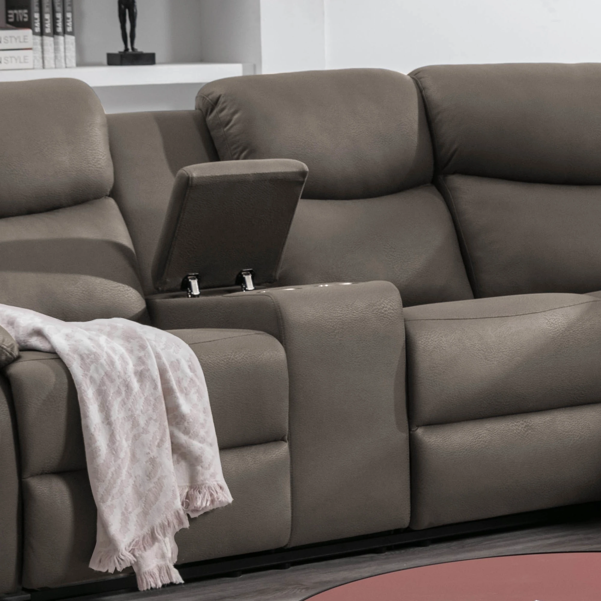 Alec Reclining Sectional with Console in Brown Fabric Console Detail