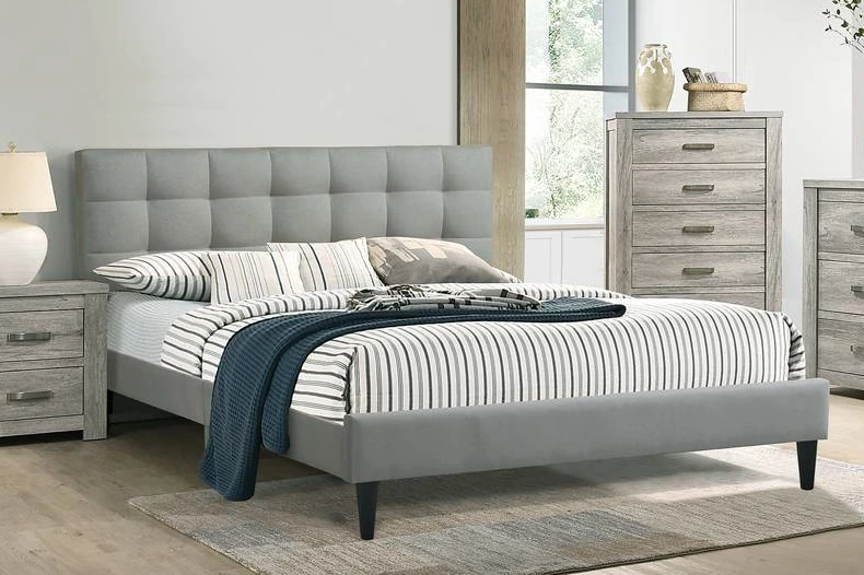 "Mariana" Tufted Platform Bed Frame in Grey Fabric