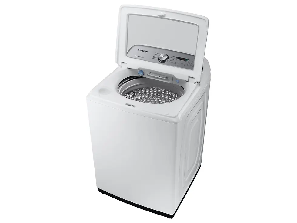 Thumbnail: Samsung 5.0 cu. ft. Top Load Washer with Active Water Jet in White Top Angle View Open Lid