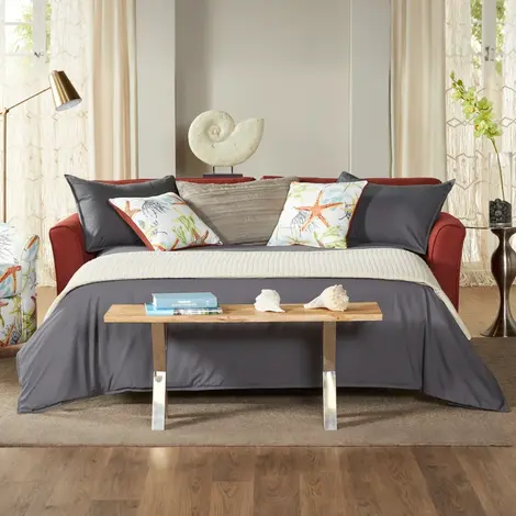 red sleeper sofa with mattress out