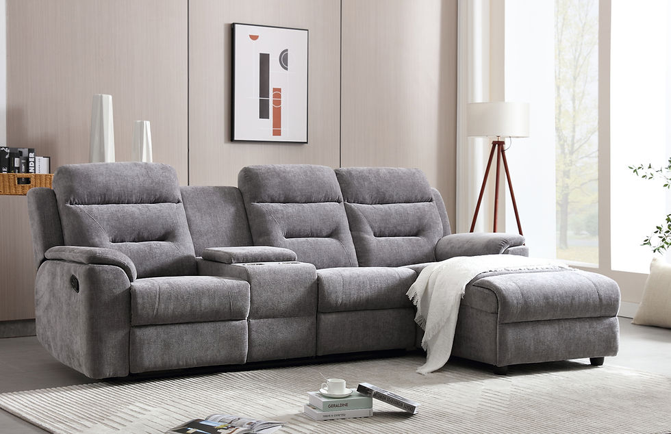 Blair Reclining Sectional with Storage in Grey Fabric Right Side Chaise Room Scene