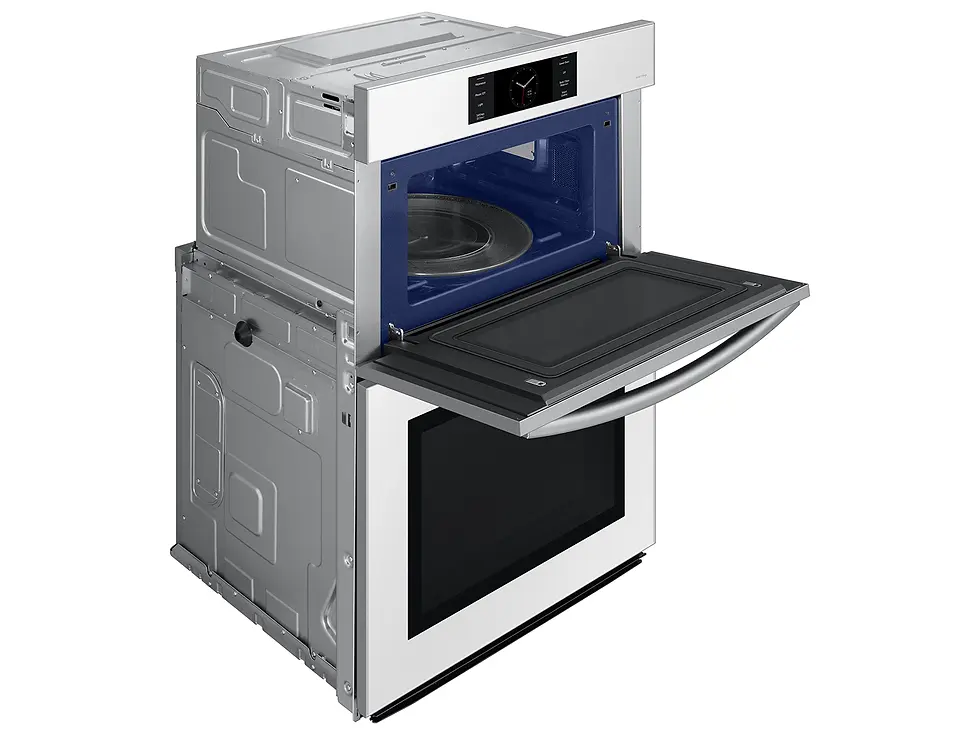 Miniatura: Bespoke Combination Wall Oven in White Glass Angle View Open