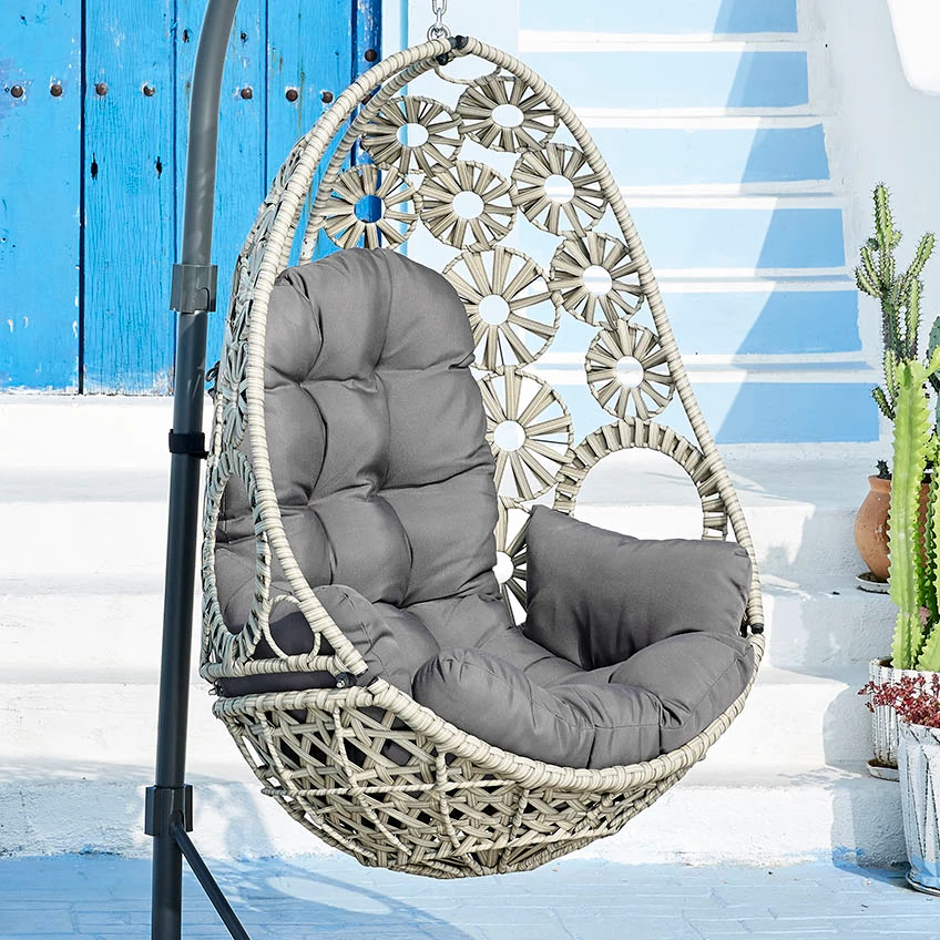 Spiral Hanging Egg Chair for Patio in Grey Finish Basket Detail