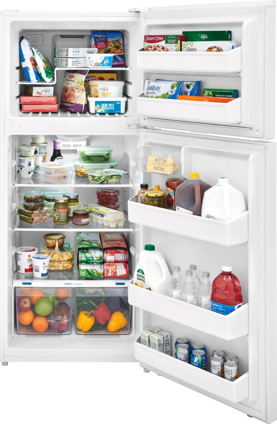 Frigidaire 18 Cubic Foot Refrigerator in White Open with Food