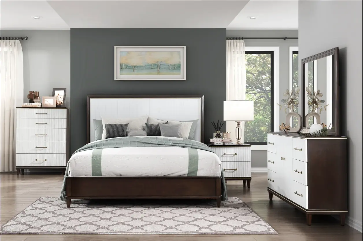 Niles 4 Pcs Bedroom Set in White and Brown Finish room Scene