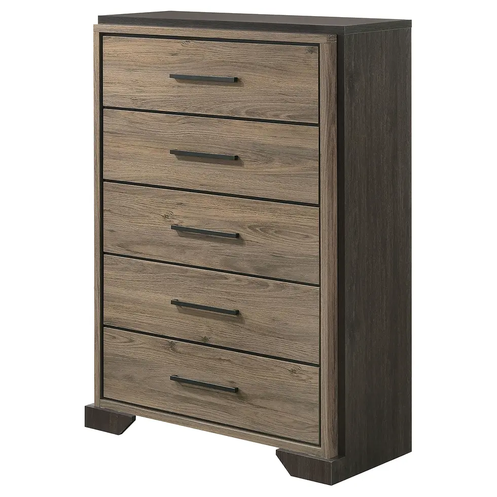Miniatura: Baker Tall Chest Of Drawers in Brown And Light Taupe Angle View Silo