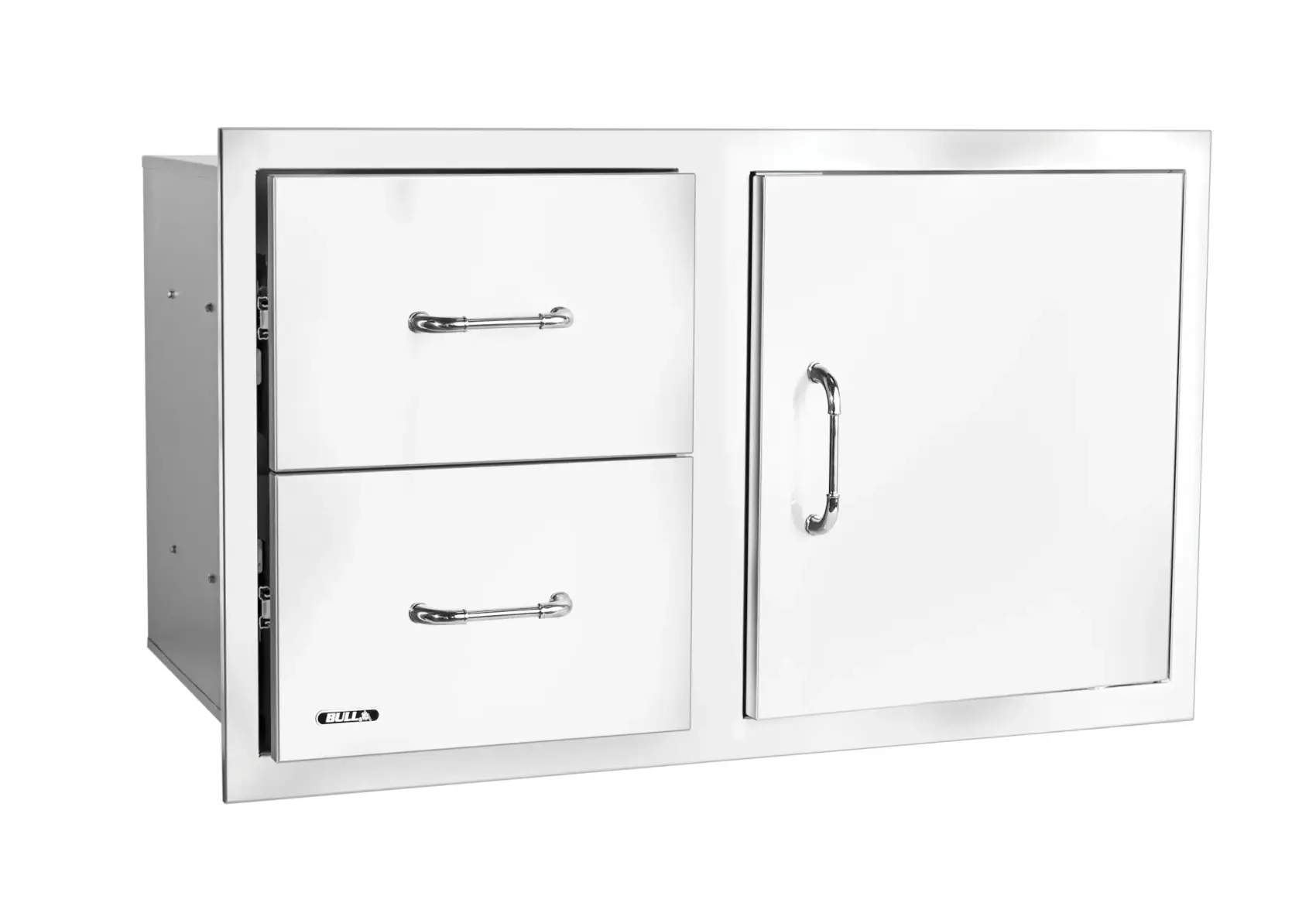 Bull BBQ Reversible 30” Stainless-Steel Door Angel View open drawers