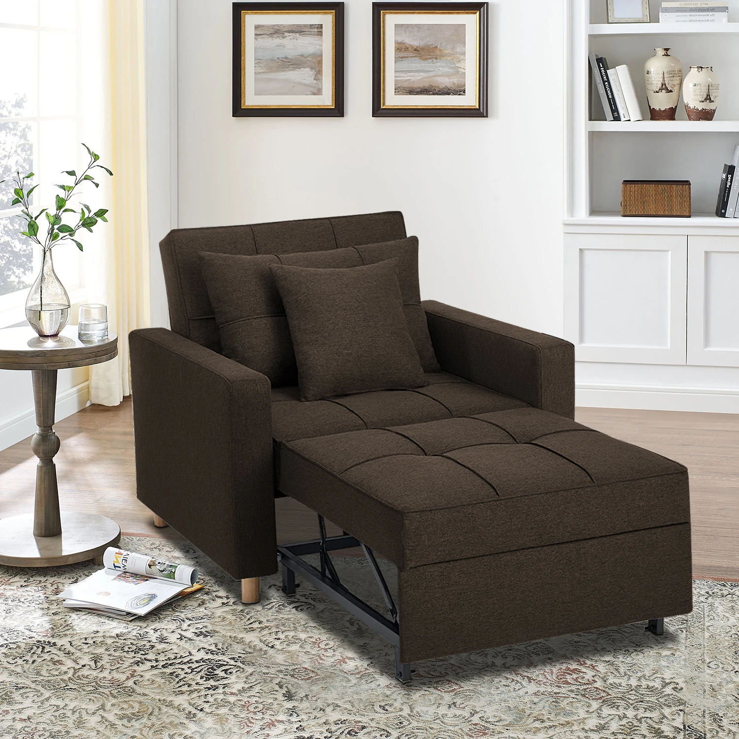 "Oliver" Futon Chair in Brown Fabric Room Scene Open