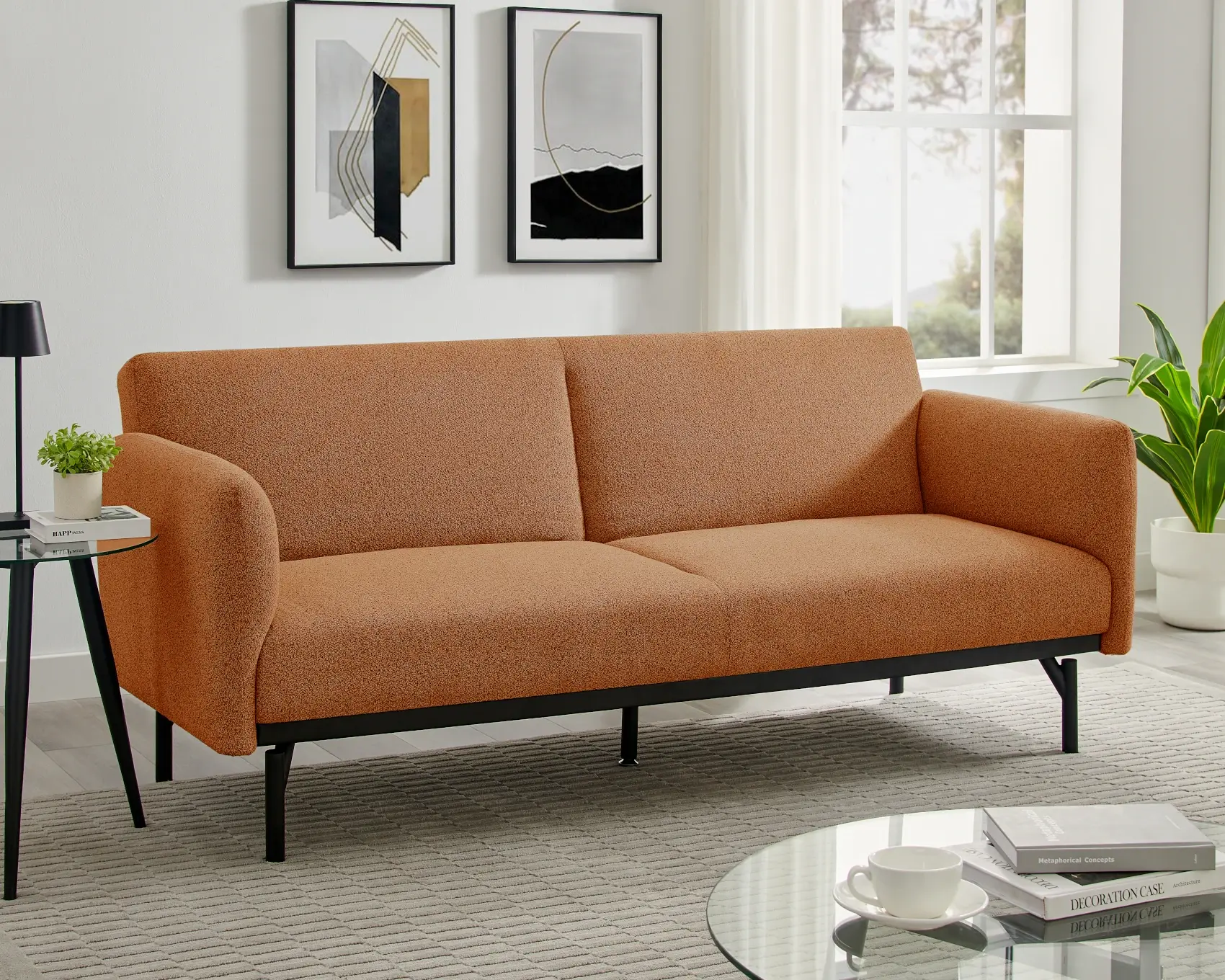 Nadia Futon Sofa Upholstered in Orange Fabric Room Scene
