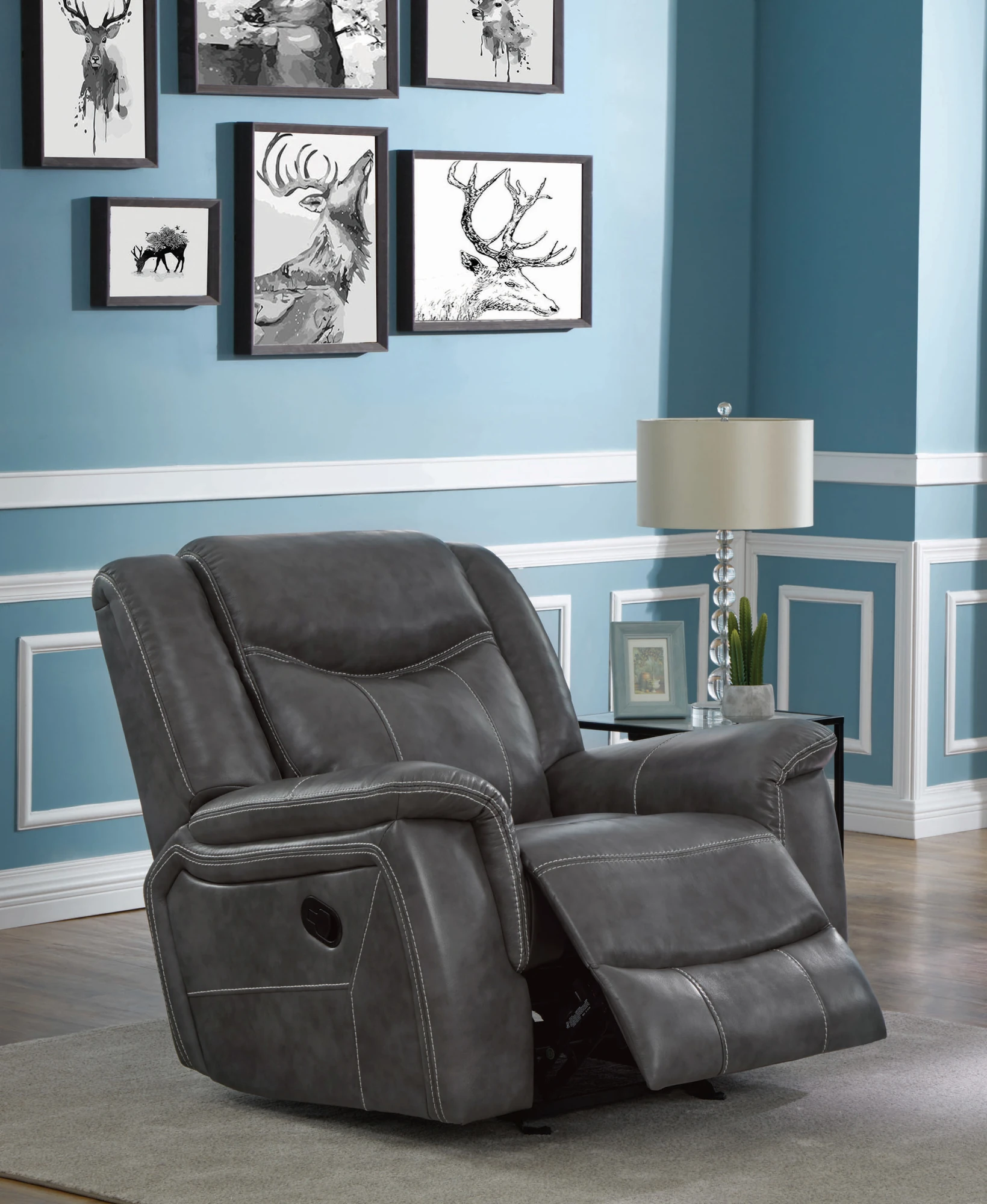 Conrad Recliner Glider Chair in Cool Grey Open Room Scene