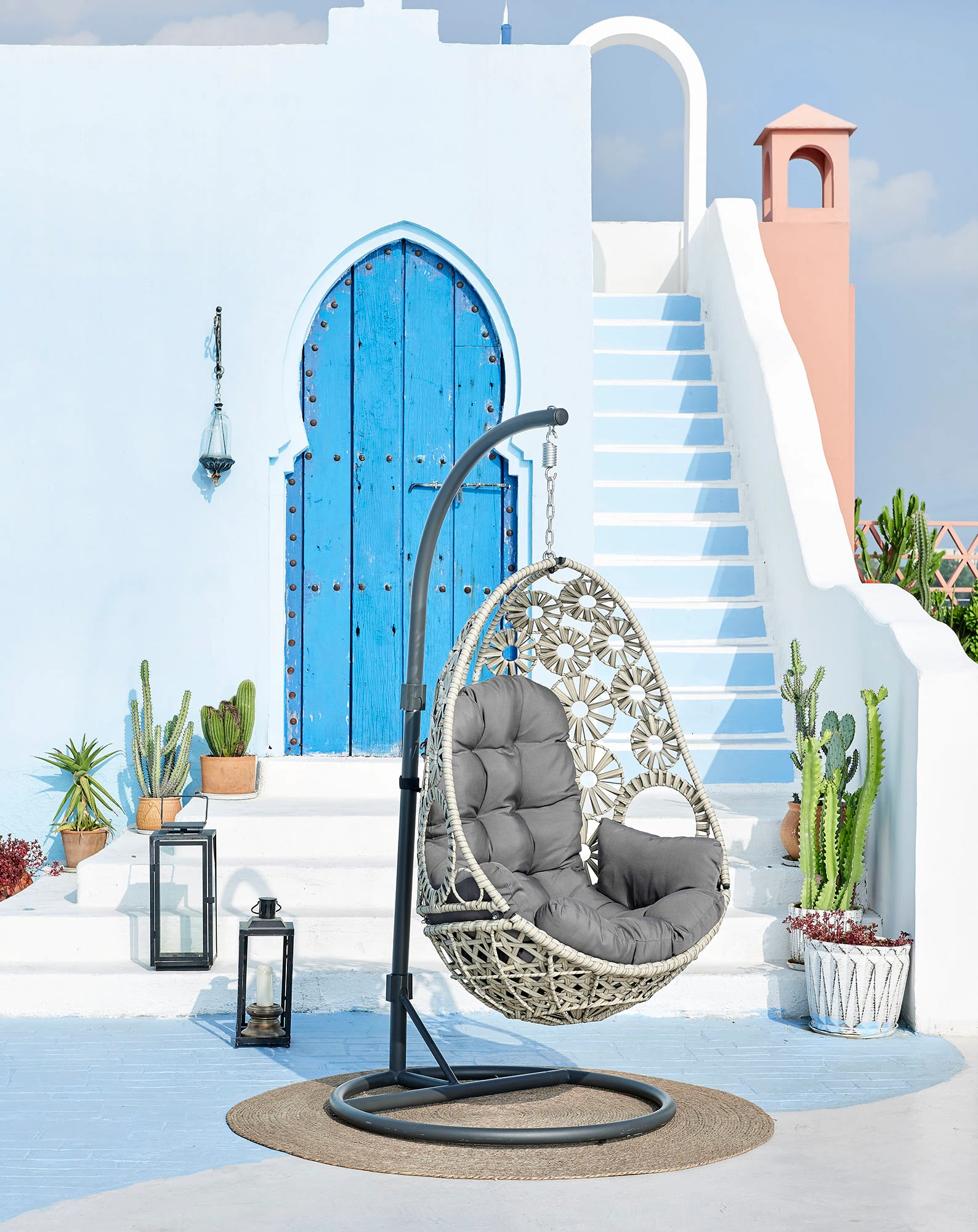 Spiral Hanging Egg Chair for Patio in Grey Finish Outdoor Scene