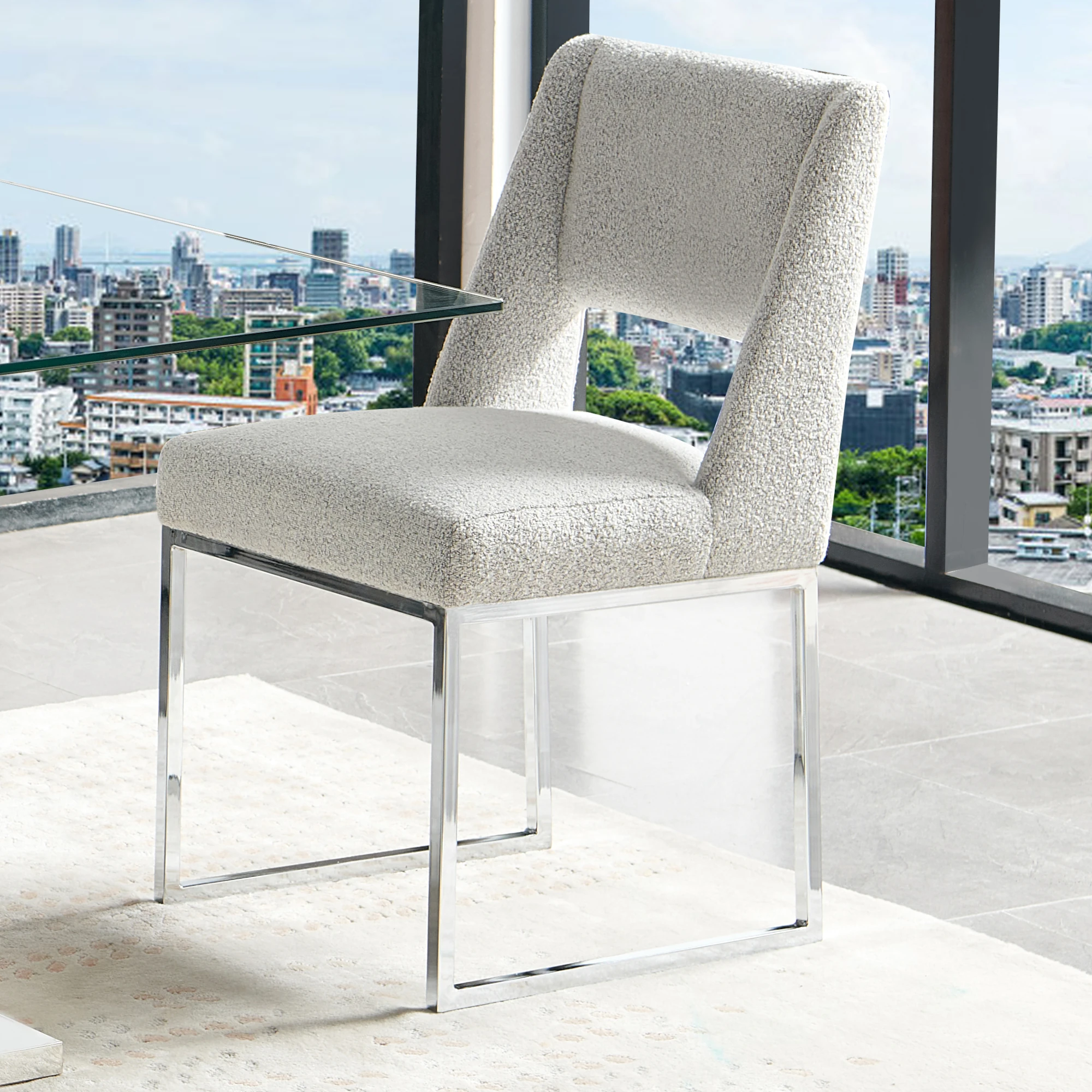 Lennox Modern Dining Chair with Light Gray Boucle Fabric Front View