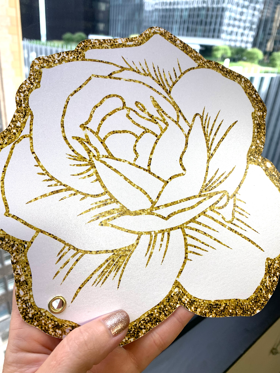 Thumbnail: White and Gold Glam Flower Card  |  Gold Glitter Flower Menu, Program, Thank You