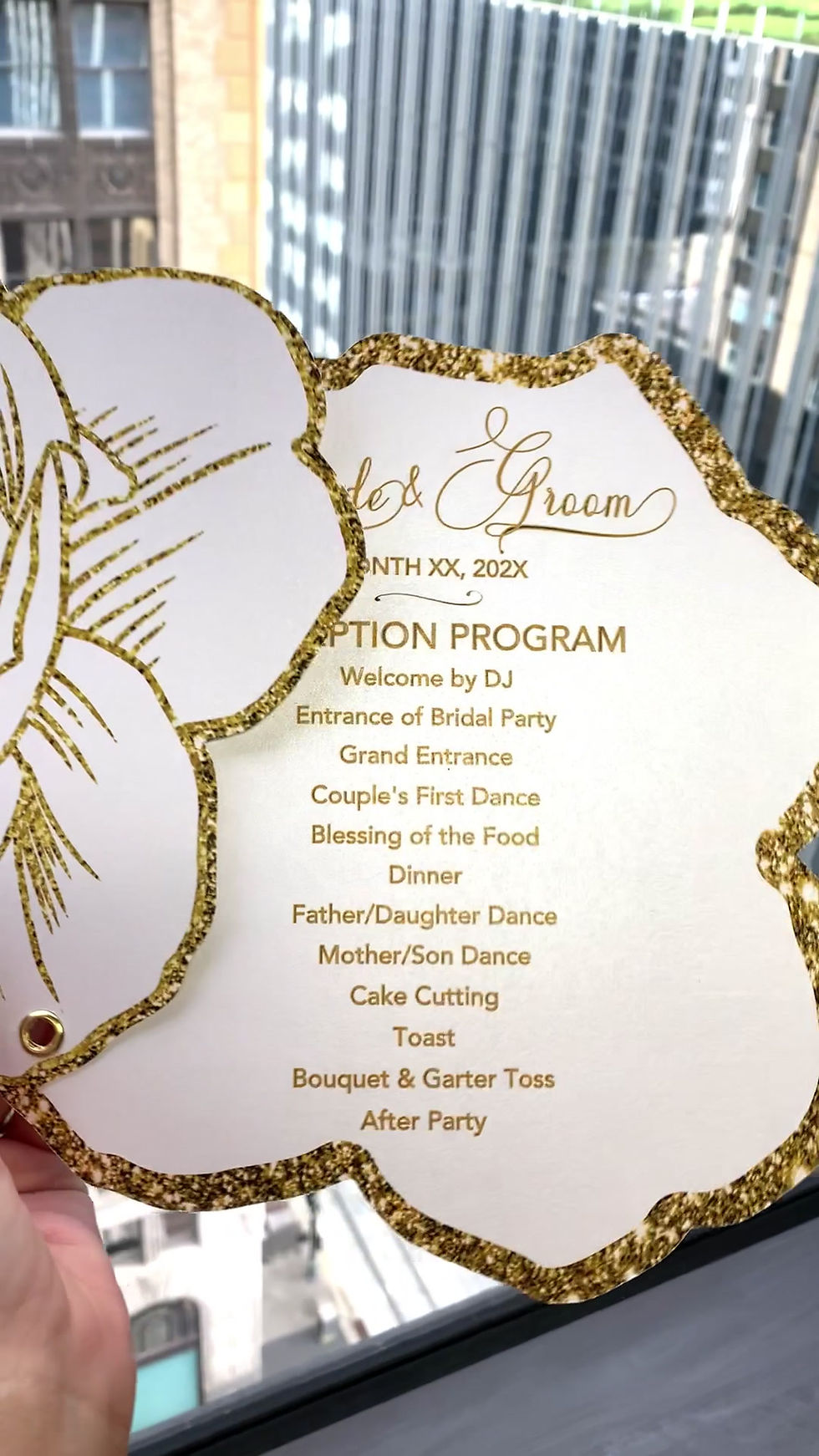 Thumbnail: White and Gold Glam Flower Card  |  Gold Glitter Flower Menu, Program, Thank You