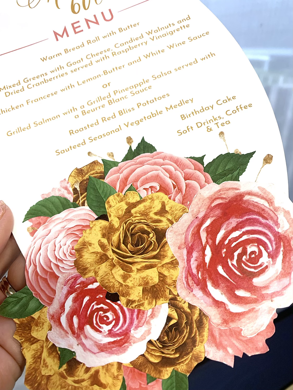 Thumbnail: Coral and Gold Oval Floral Menus
