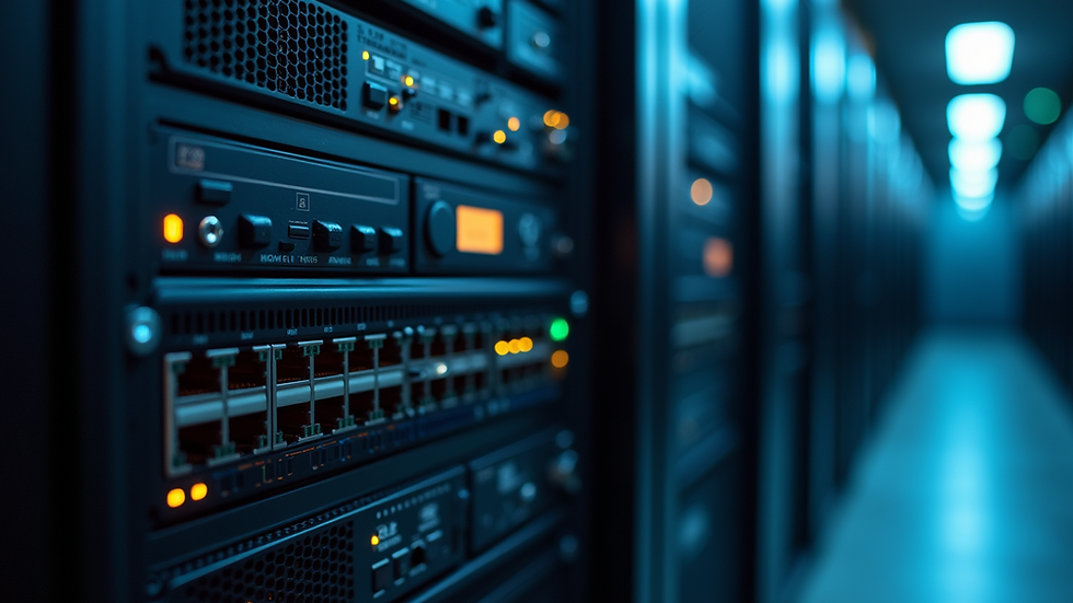 Nahaufnahme eines Netzwerkservers mit leuchtenden Verbindungen