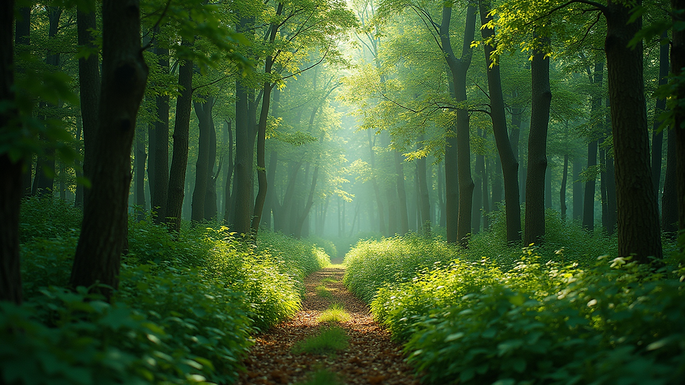 Wide angle view of a lush green forest