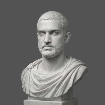 A marble bust of a hair transplant patient at Estethica Istanbul – Biohactour's Hall of Heroes