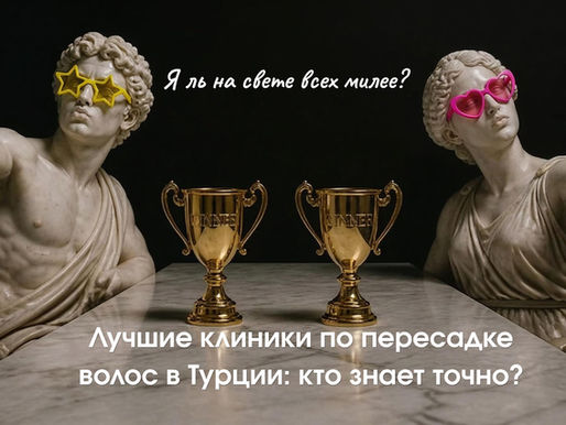 Marble statues in star and heart glasses take selfies beside gold trophies; text says hair transplant clinics in Turkey.