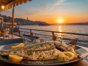 Классическая подача жареной рыбы в рыбном ресторане на Босфорересторане