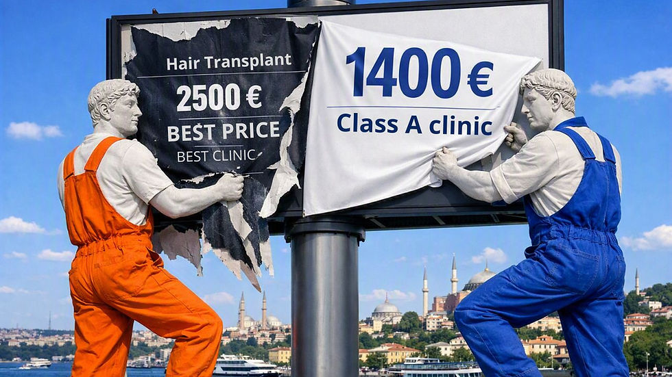 Marble statue workers replacing a hair transplant billboard in Istanbul from €2500 to €1400 at a Class A clinic