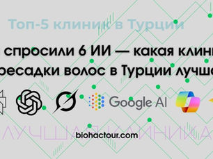 Infografik mit Text Wir haben 6 KI gefragt: Beste Haartransplantationsklinik Türkei? und KI-Logos auf grauem Hintergrund.