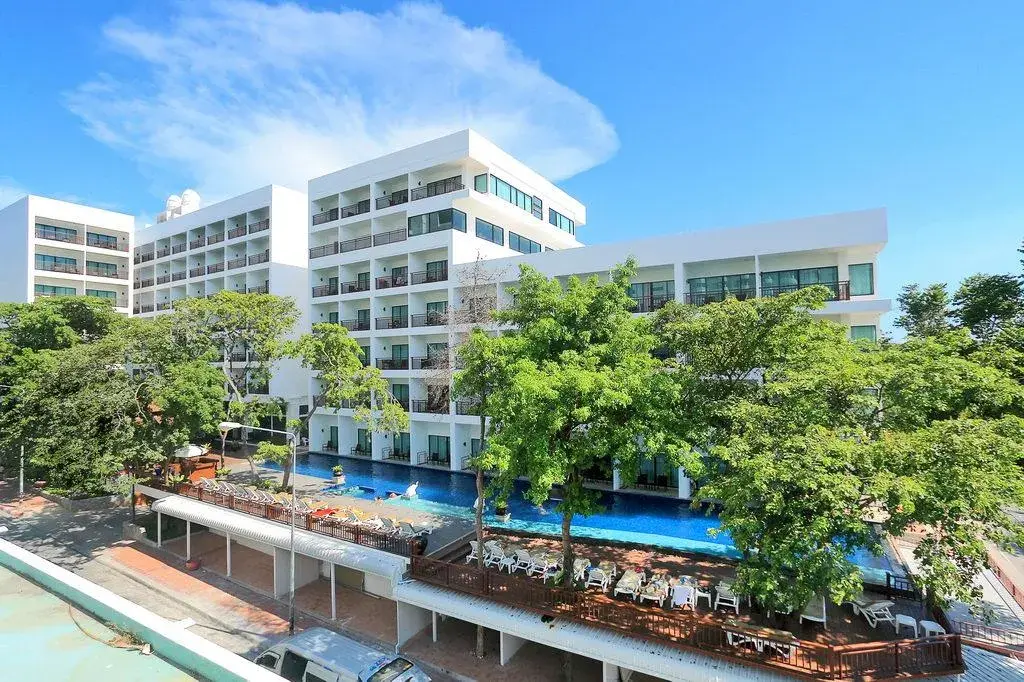 Современное белое здание Cosy Beach Hotel с балконами, окруженное зелеными деревьями. Длинный бассейн с зоной отдыха и шезлонгами вдоль всего корпуса