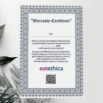 Гарантийный сертификат Estethica Hospital Istanbul — выдаётся каждому пациенту после пересадки волос. Клиника гарантирует точное количество пересаженных графтов и здоровый рост волос при соблюдении протокола ухода.
