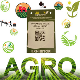 Бейдж участника выставки AgroWorld Uzbekistan 2025 компании TAVSAN DIŞ TİC A.Ş. в окружении сельскохозяйственных иконок