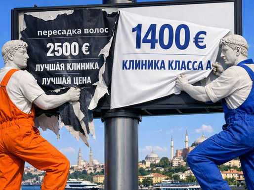 Marble statue workers replacing a hair transplant billboard in Istanbul from €2500 to €1400 at a Class A clinic