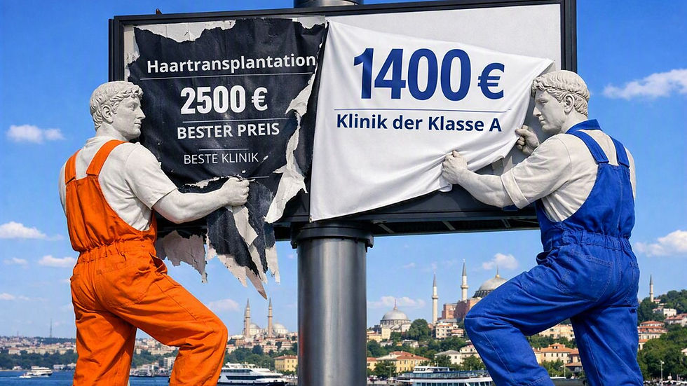Zwei Arbeiterfiguren reißen ein Plakat mit Haartransplantation-Preisen (2500 € vs. 1400 €) vor Skyline ab.