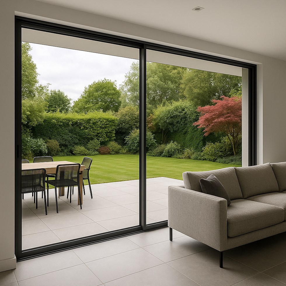 Elegant double track sliding doors open up to a lush garden, seamlessly blending indoor comfort with outdoor beauty.
