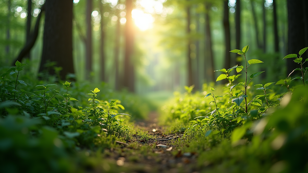 Eye-level view of a lush green forest with sunlight filtering through the leaves