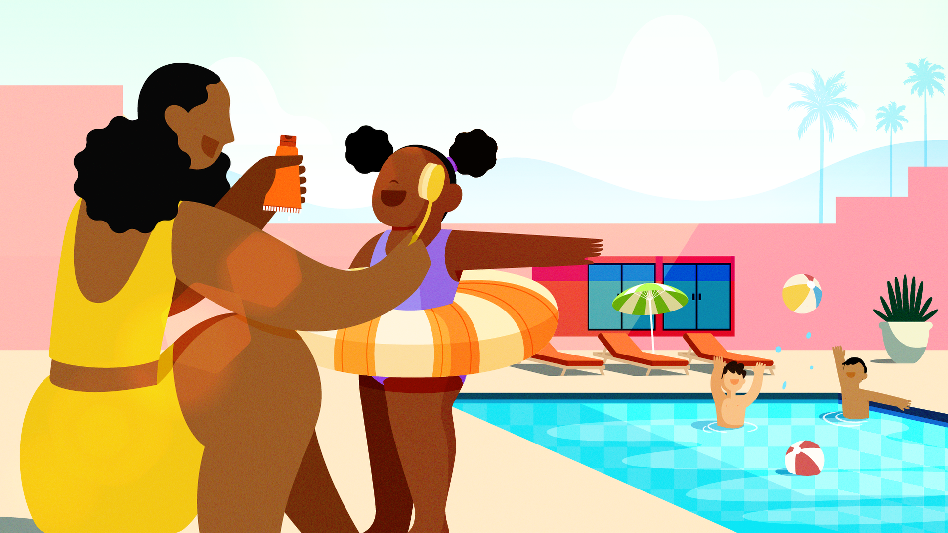 Poolside illustration, Florida, SunScreen product, London based illustrator, London based motion designer, freelancer, minimal design