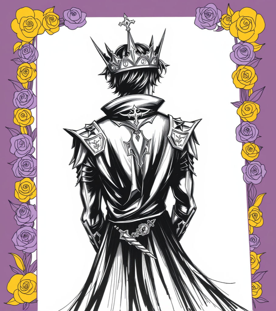 Illustration of a dark fantasy prince with crown and sword, character concept for The Puppet King novel