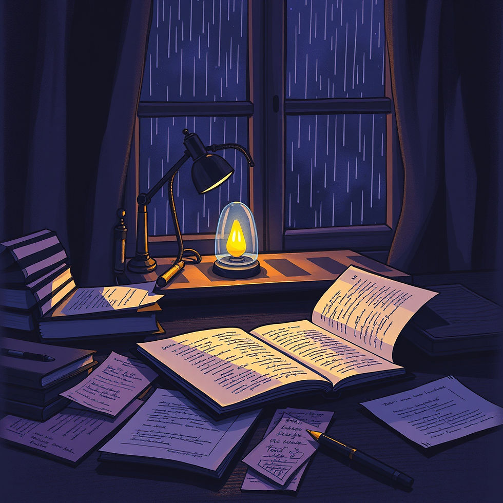 Dark atmospheric writer’s desk at night with open notebooks, scattered manuscript pages, glowing lamp, and rain outside the window, symbolizing the loneliness and struggle of the creative process.