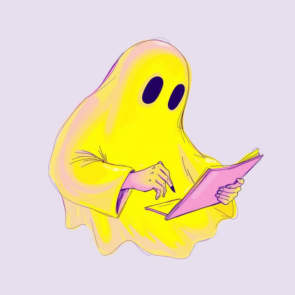 Illustration of a ghost writing in a notebook, symbolizing ghostwriting, storytelling, and the creative process behind writing books for others. Nikoleta Ivanova books