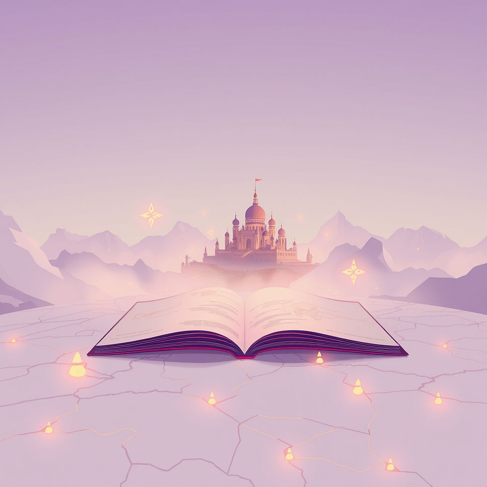 Minimal fantasy worldbuilding illustration featuring a glowing fantasy kingdom emerging from an open book with soft purple and orange pastel lighting, symbolizing immersive storytelling, magic systems, and realistic fantasy world creation.