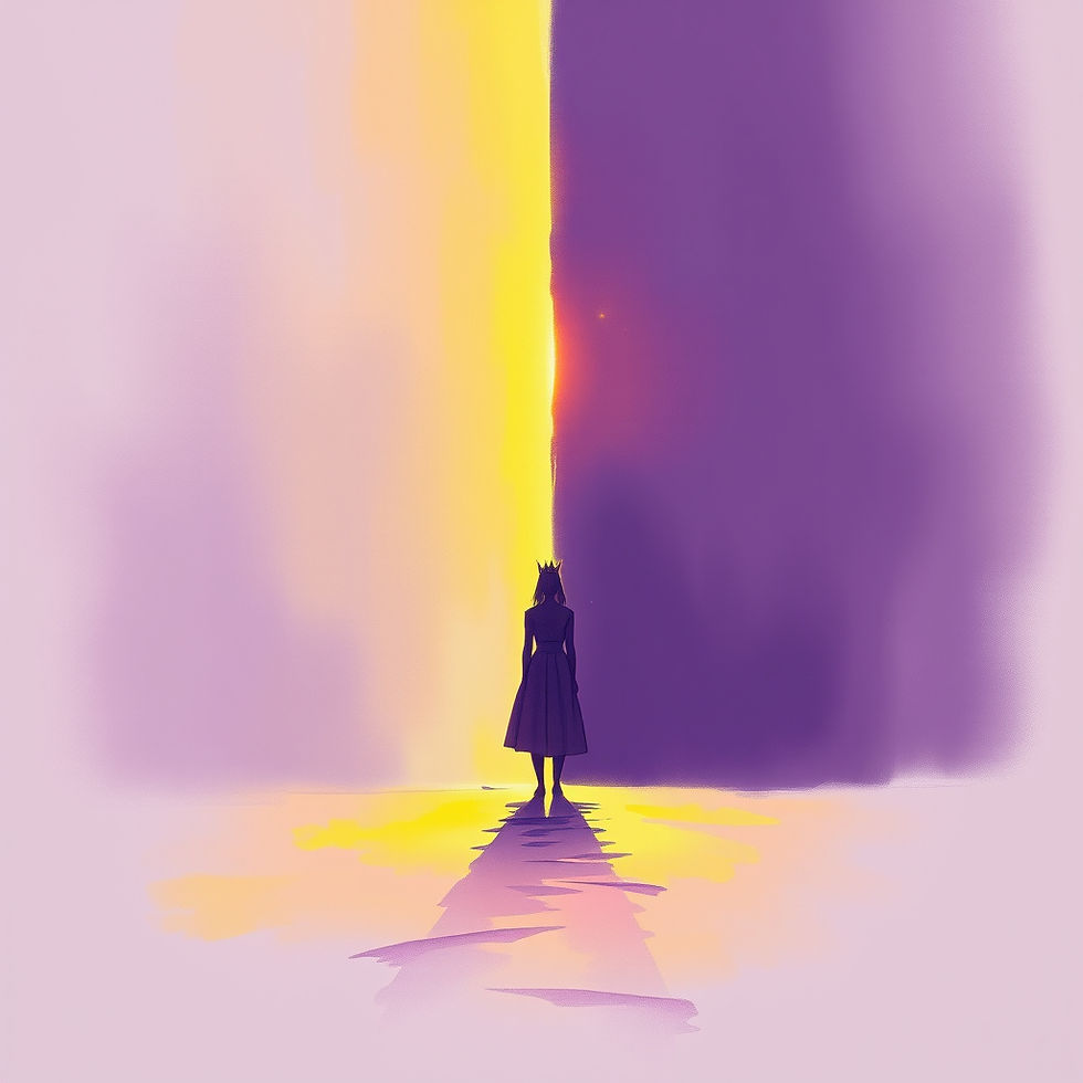 Symbolic fantasy illustration of a crowned figure standing between golden light and purple shadow, representing morally gray choices and inner conflict