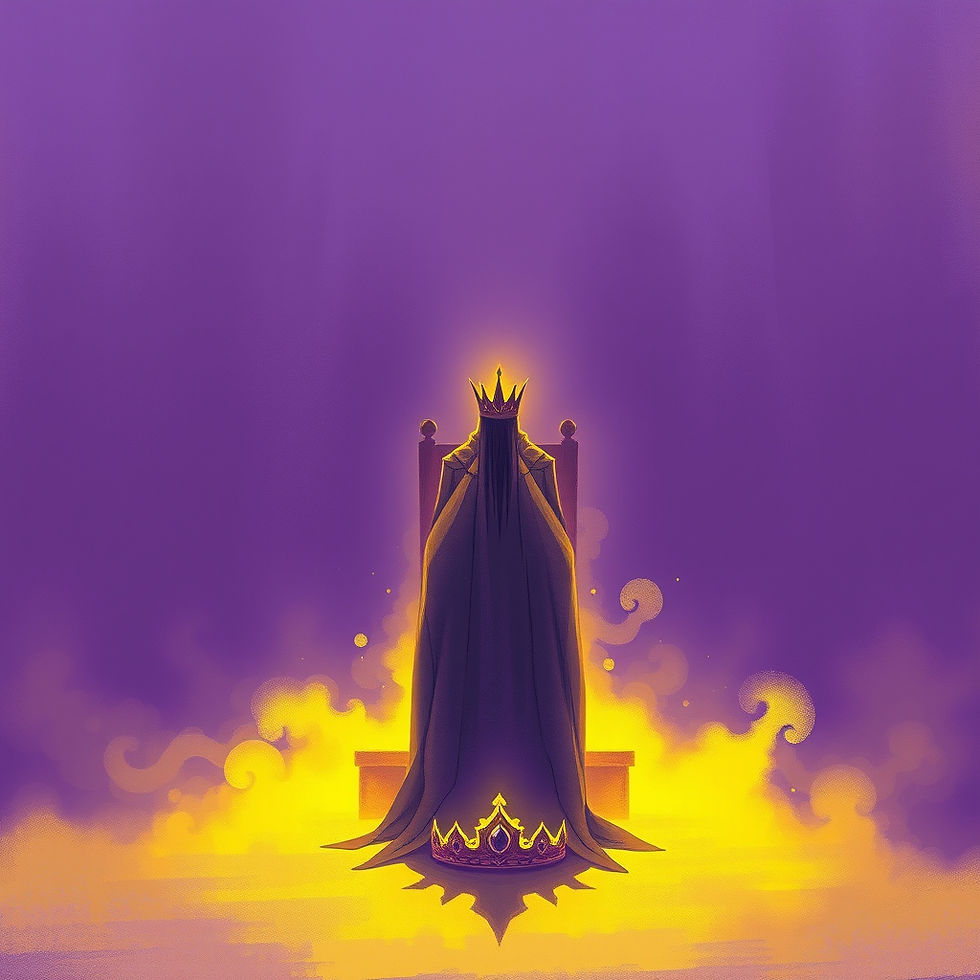 Dark fantasy illustration of a cloaked prince on a throne, glowing crown and golden fire, in purple and yellow pastel tones, symbolizing power and control in The Puppet King
dark fantasy prince
The Puppet King
morally gray character
fantasy crown symbolism
power and control theme
dark fantasy aesthetic
pastel fantasy illustration
fantasy throne scene