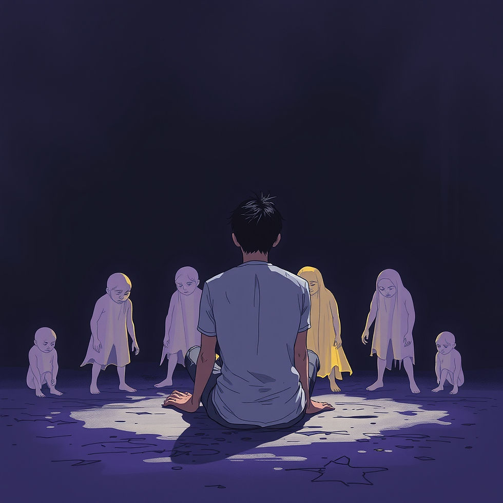 Dark fantasy illustration of a man sitting on the ground surrounded by ghostlike child figures representing past trauma and memories, in a shadowy environment with muted purple and blue tones, emotional and haunting atmosphere