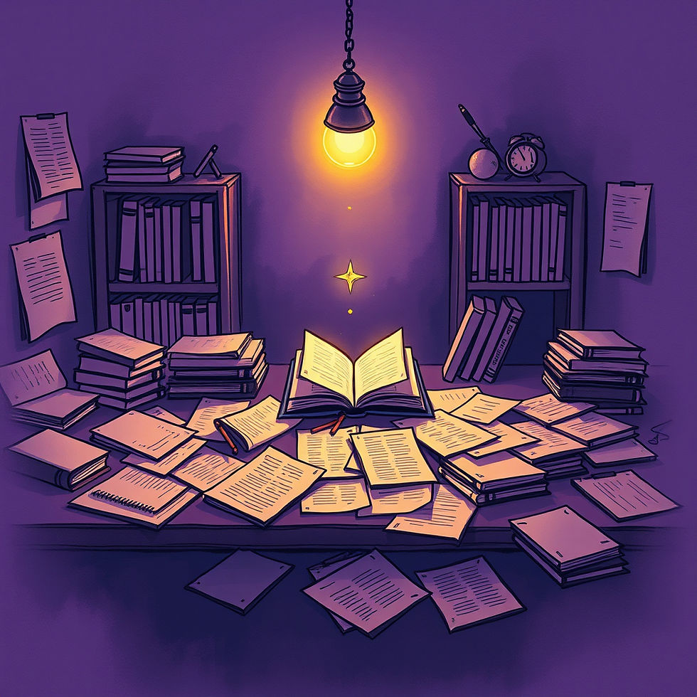 Symbolic fantasy illustration of a finished book growing from roots made of drafts, notes, and edited pages, representing the hidden work behind writing a book